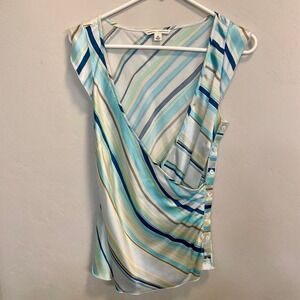 Vintage 90s Banana Republic Blue and beige striped silk short sleeve top size 10